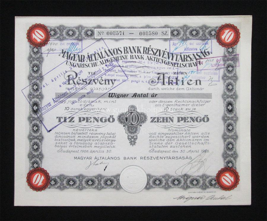 Magyar Általános Bank részvény 10x10 pengő 1926